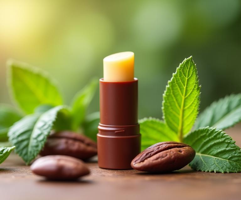 Un pequeño stick de bálsamo labial junto a granos de cacao y hojas de menta fresca.