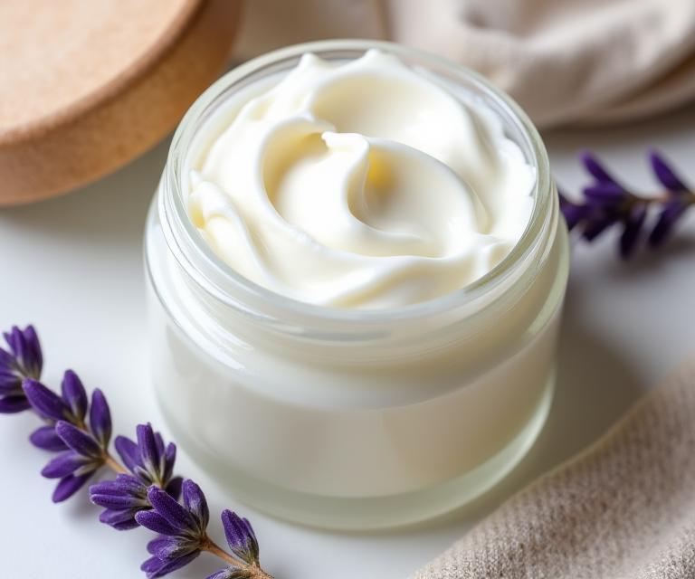 Un tarro abierto de crema corporal blanca y espesa, con una ramita de lavanda al lado.