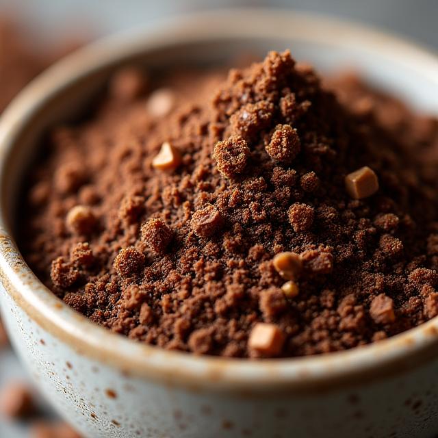 Primer plano de la textura granulada de un exfoliante de café en un bol de cerámica.