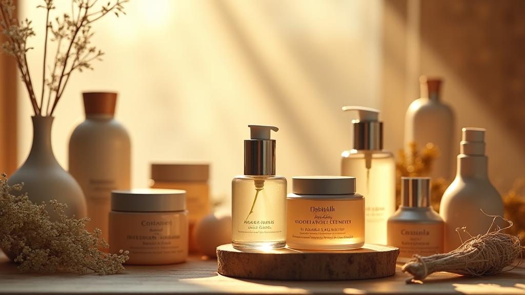 Un bodegón de productos cosméticos artesanales con flores secas y una luz suave y cálida.