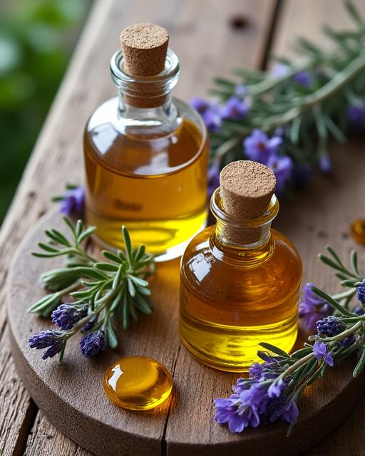 Una selección de ingredientes naturales como lavanda, romero y aceite de oliva sobre una mesa de madera.