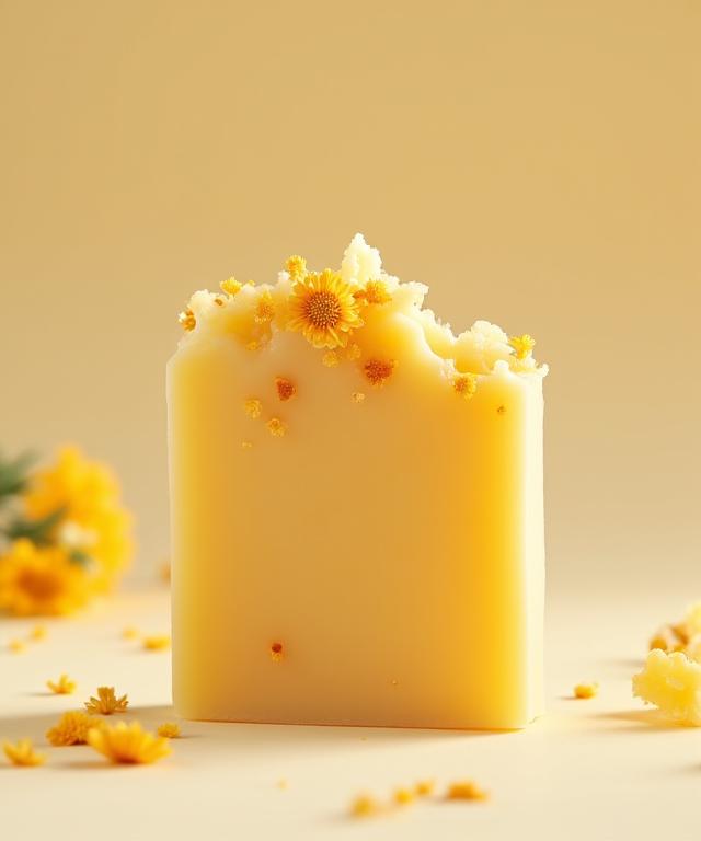 Una barra de jabón artesanal de color amarillo pálido con trozos de pétalos de caléndula visibles.