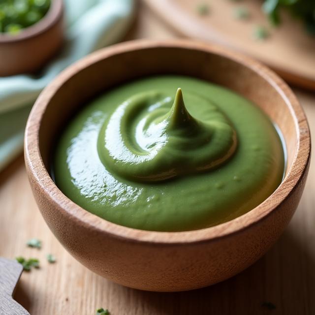 Un bol de madera con mascarilla de arcilla verde preparada, lista para ser aplicada.