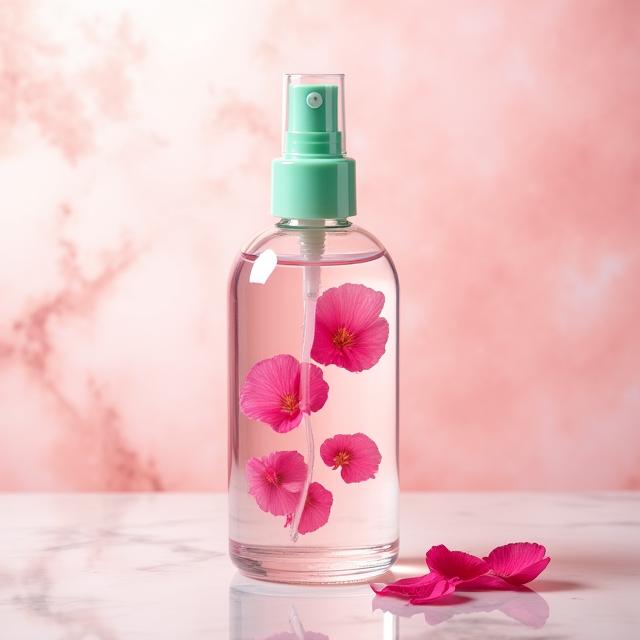Botella de spray de vidrio transparente con tónico rosado y pétalos de rosa flotando dentro.