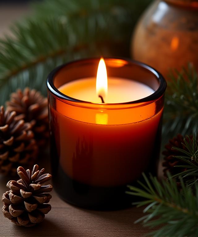 Una vela encendida en un recipiente de vidrio ámbar, rodeada de piñas y ramas de pino.